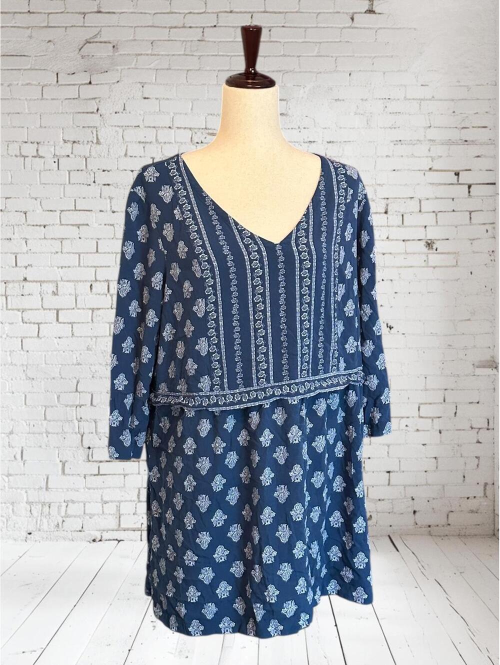 J.Jill Blue Boho Rayon Tunic with White Pattern – Size L